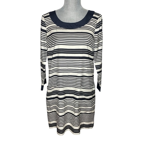 J.CREW Jules Striped Shift Dress 100% Silk Lined Navy Blue & Cream Womens SZ 12 - Picture 1 of 11